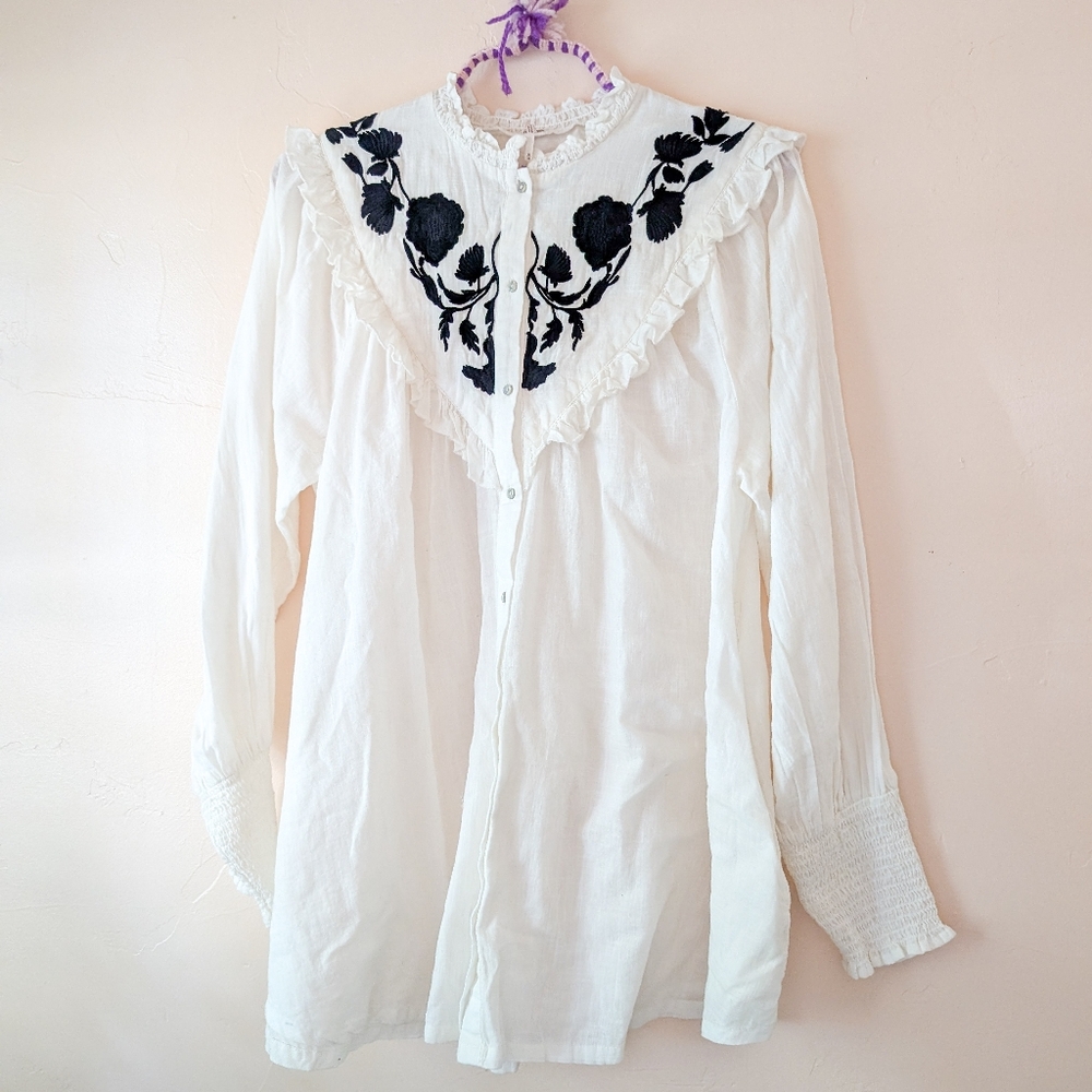 Free People Rose Vines Embroidered Top - Ivory Combo - Size Medium
